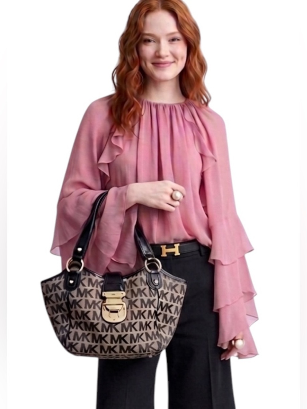 Michael Kors Vintage Signature JetSet Leather-Canvas tote bag | Gold hardware